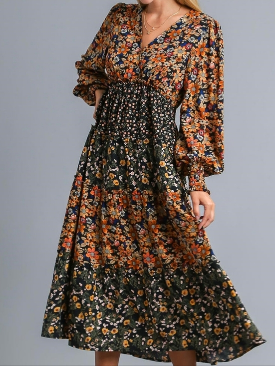 Umgee Dresses & Skirts - Umgee Exclusive Floral Print Midi Long Sleeve Dress